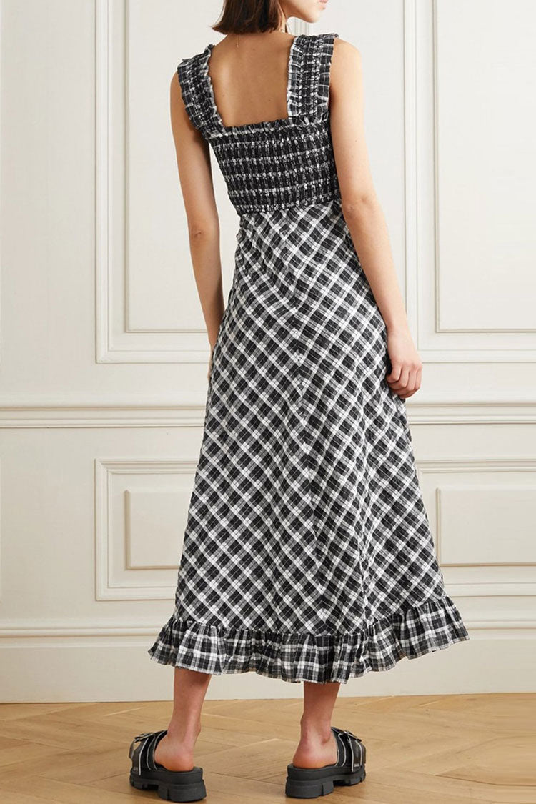 Vintage Midi-Sommerkleid mit quadratischem Ausschnitt und Strumpfhaltern, gesmoktem Karomuster - Schwarz