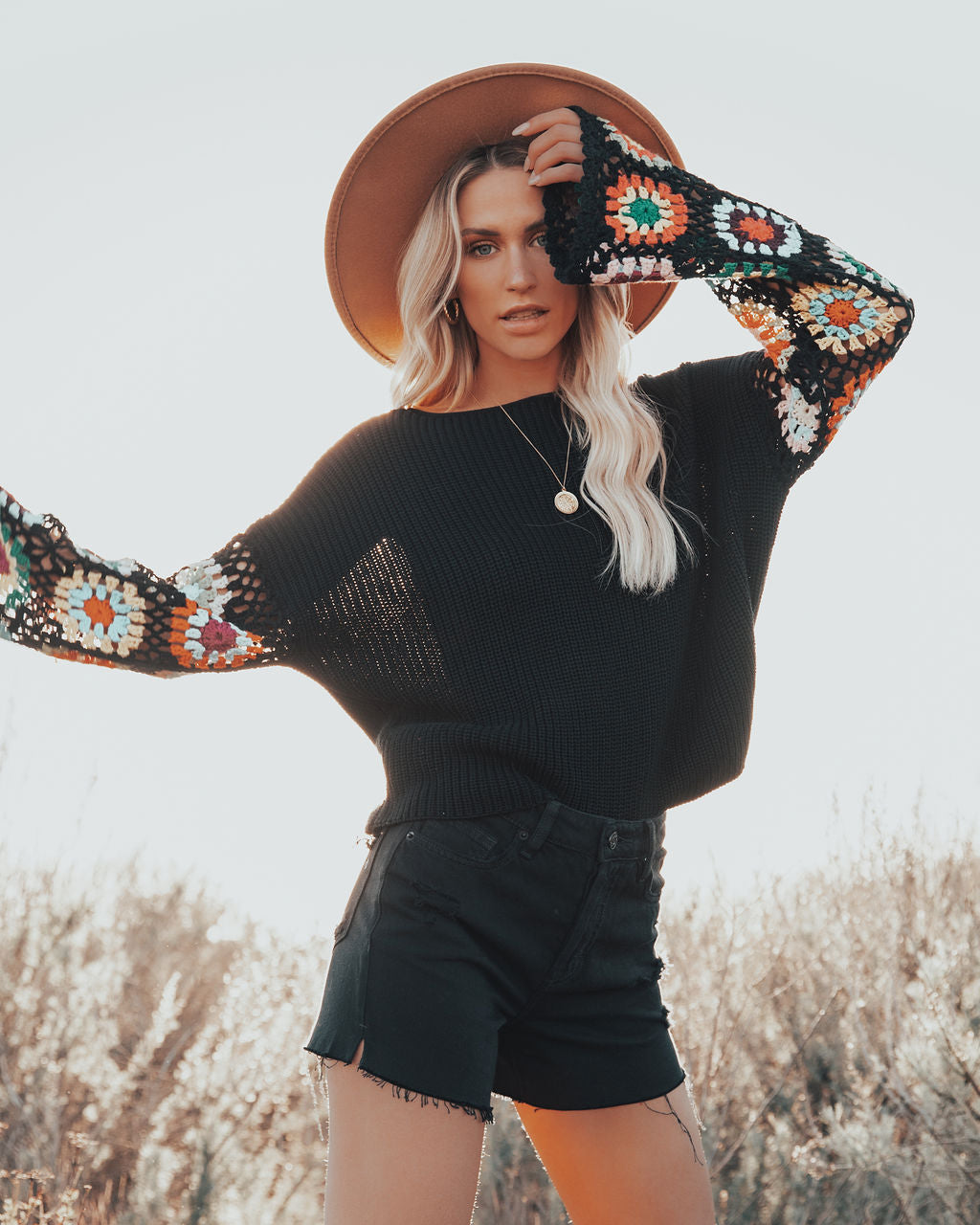 Wallflower Cotton Blend Crochet Sleeve Sweater