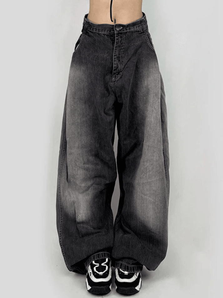 Washed Contrast Waist Pleated Relaxed Leg Boyfriend Jeans NewGew