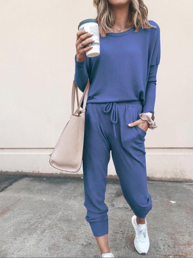 Women Solid Color Long Sleeve Long Pants Pajamas Set