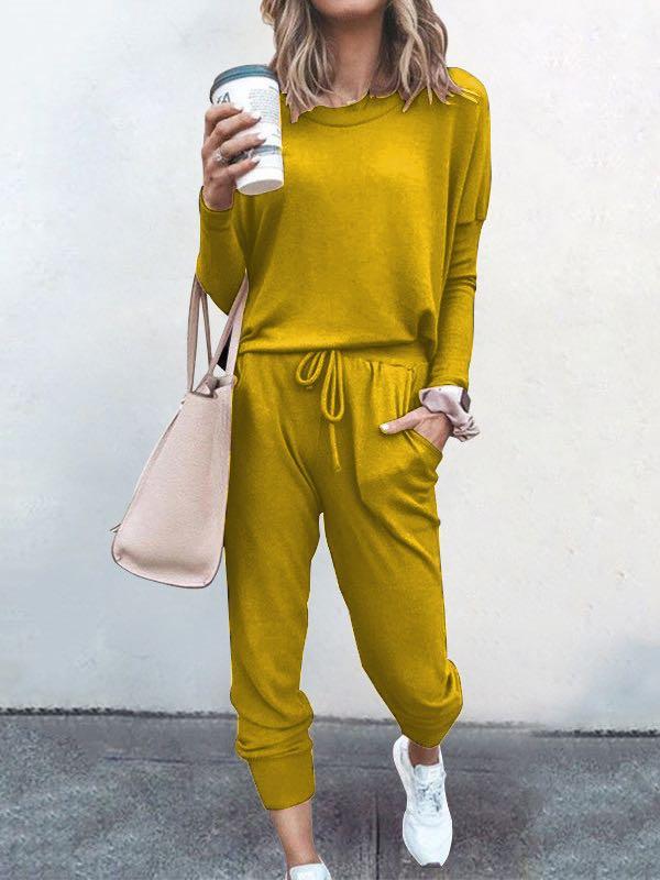 Women Solid Color Long Sleeve Long Pants Pajamas Set