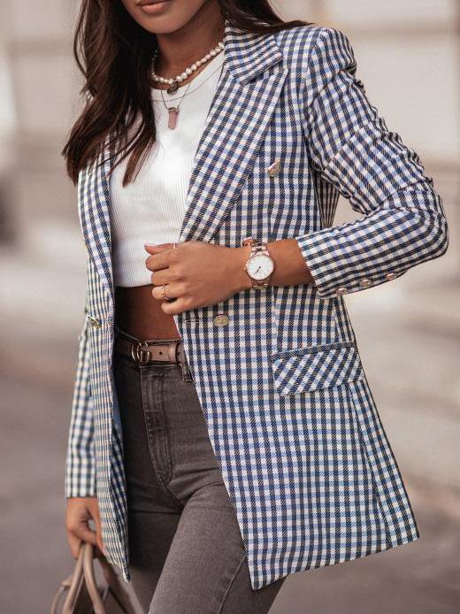 Blazers Fashion Plaid Print Button Long Sleeve Blazer Ins Street