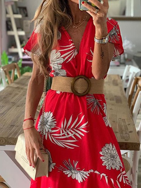 Casual Printed V-Neck Short Sleeve Dress Ins Street