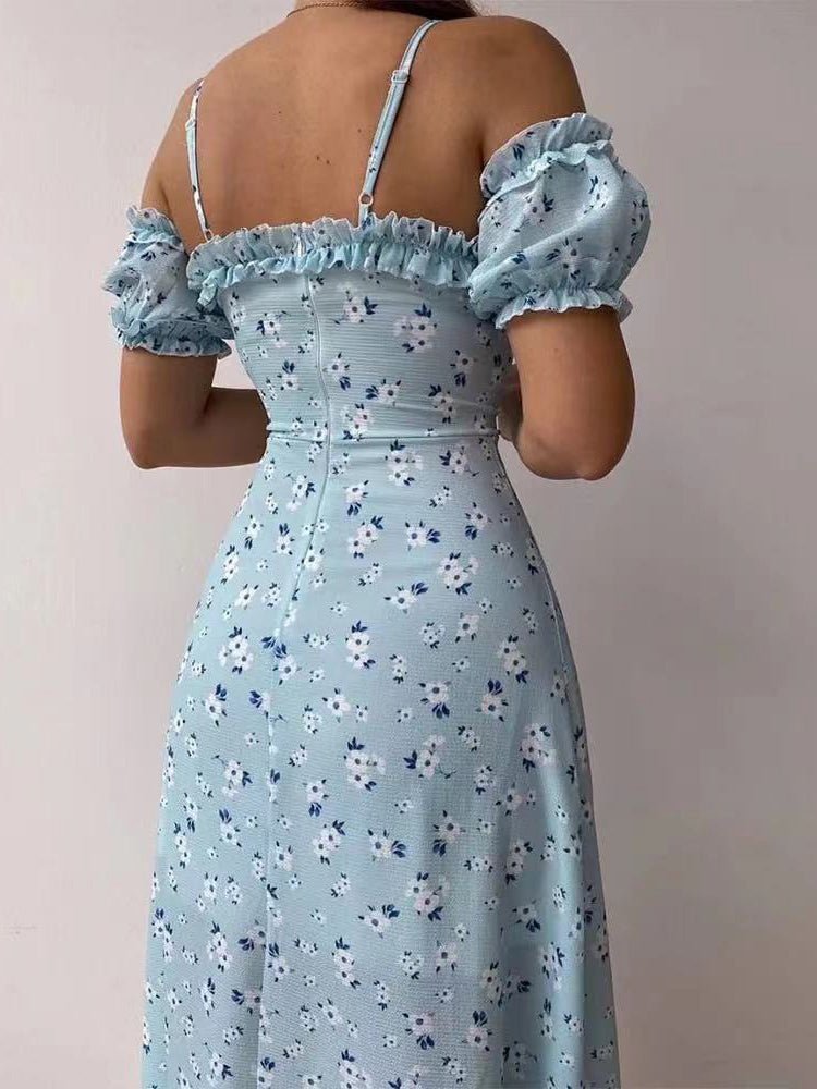 Floral Print Sling Off-The-Shoulder Slit Dress Ins Street