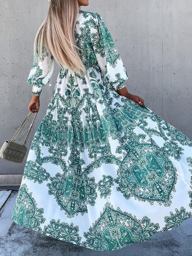 Vintage Print Long Sleeve Slit Dress Ins Street