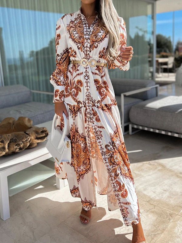 Vintage Print Long Sleeve Slit Dress Ins Street