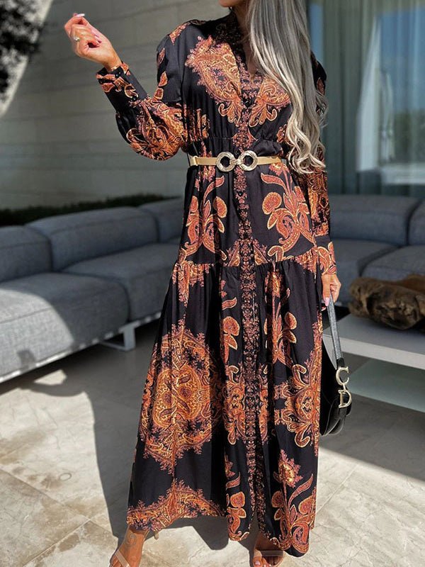 Vintage Print Long Sleeve Slit Dress Ins Street