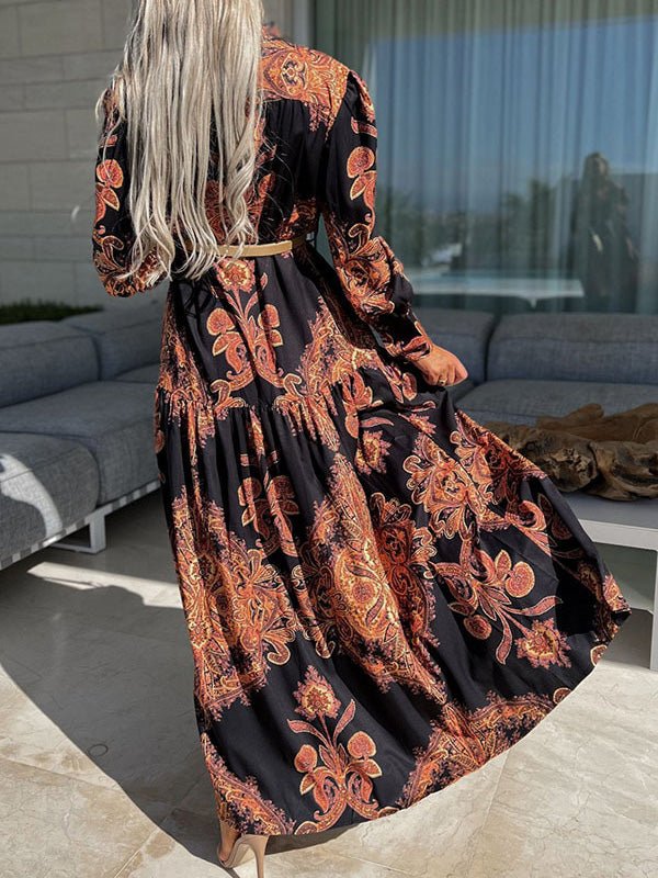 Vintage Print Long Sleeve Slit Dress Ins Street