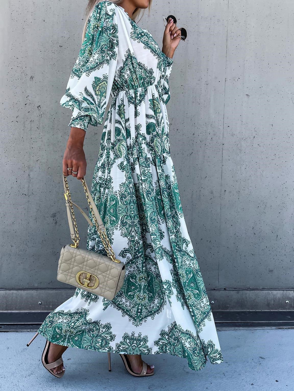 Vintage Print Long Sleeve Slit Dress Ins Street