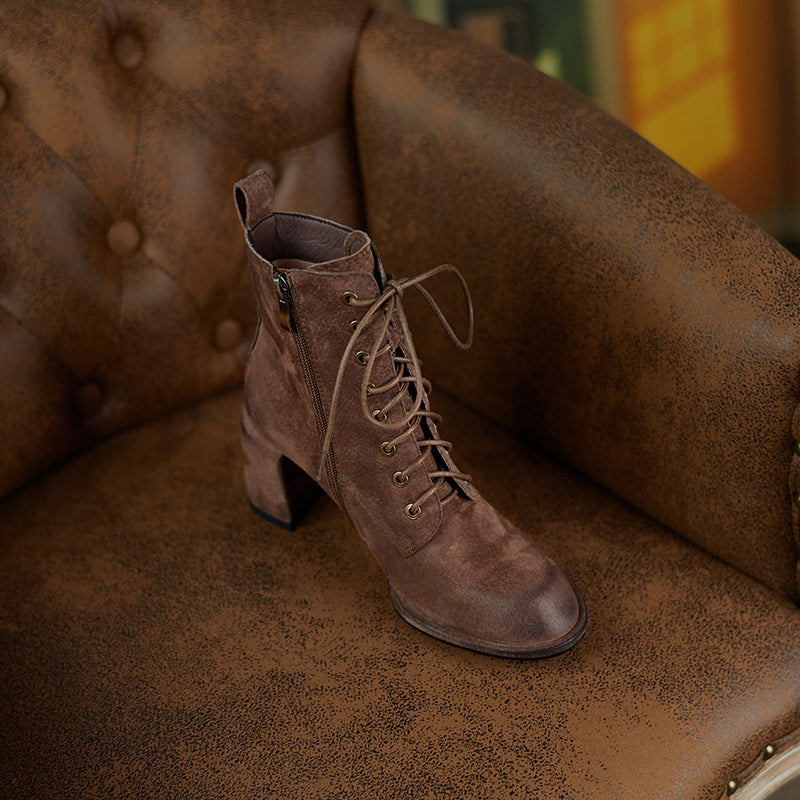 Yusra Genuine Leather Chunky Heel Lace up Ankle Boots Newgew