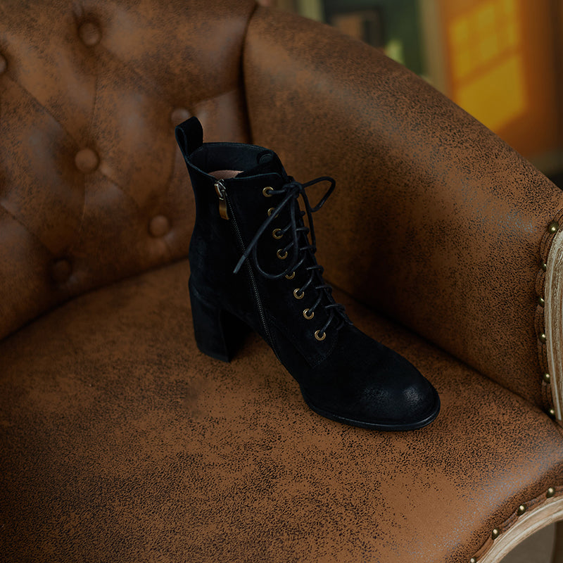 Yusra Genuine Leather Chunky Heel Lace up Ankle Boots Newgew