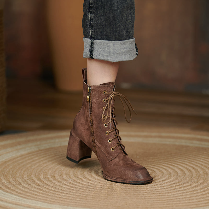 Yusra Genuine Leather Chunky Heel Lace up Ankle Boots Newgew