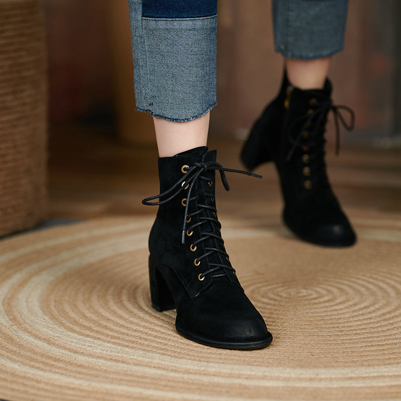 Yusra Genuine Leather Chunky Heel Lace up Ankle Boots Newgew