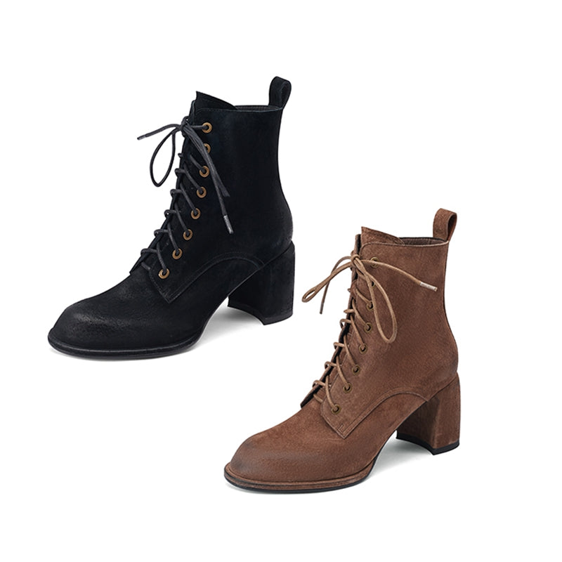 Yusra Genuine Leather Chunky Heel Lace up Ankle Boots Newgew
