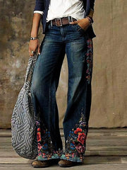 Lässige Jeans mit weitem Bein und Blumendruck