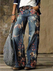 Lässige Jeans mit weitem Bein und Blumendruck