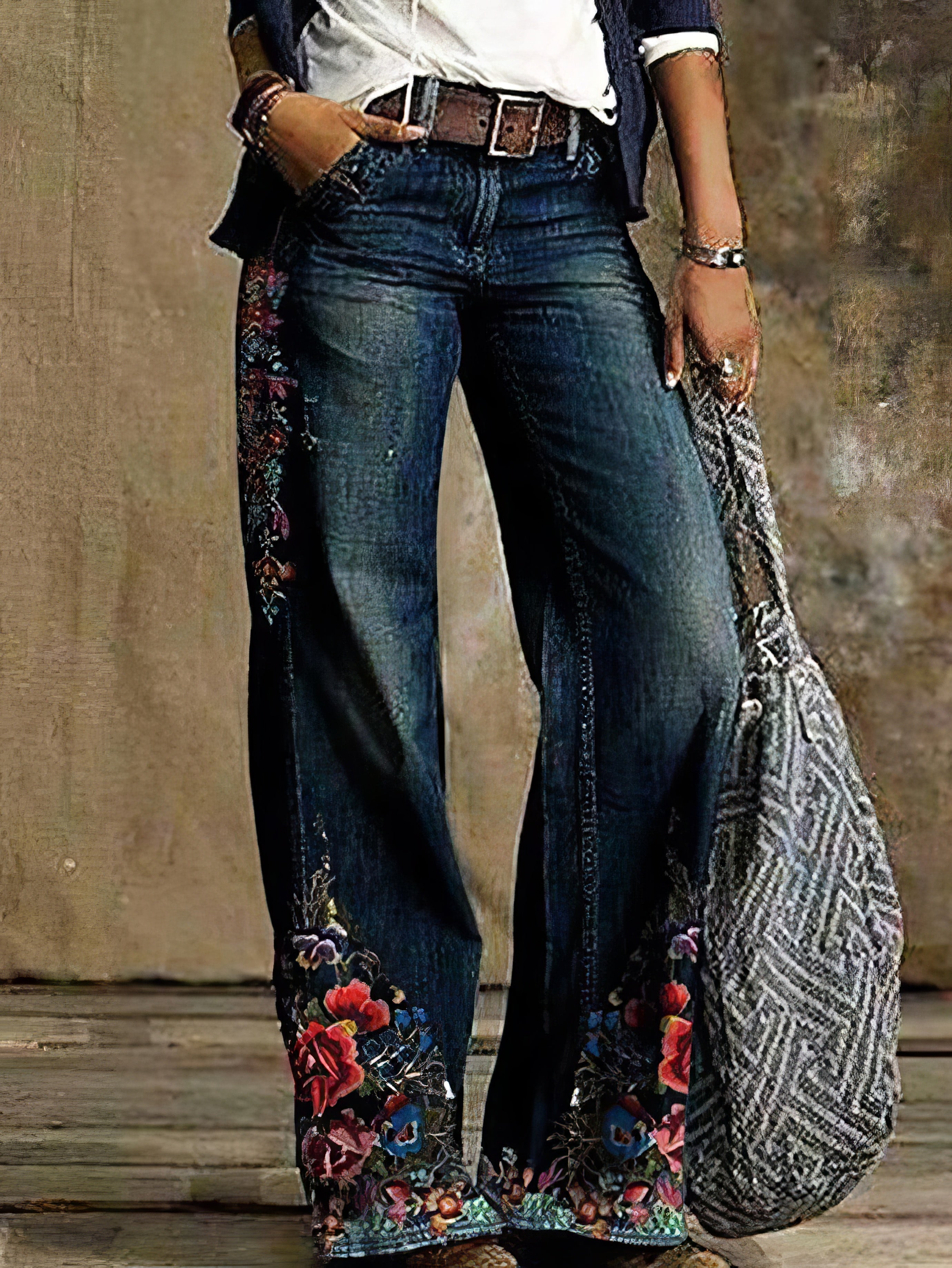 Lässige Jeans mit weitem Bein und Blumendruck