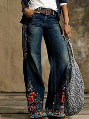 Lässige Jeans mit weitem Bein und Blumendruck