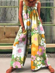 Vintage Print Loose Suspenders Wide-Leg Jumpsuit Ins Street