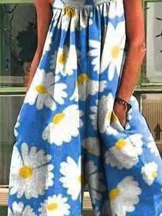 Vintage Print Loose Suspenders Wide-Leg Jumpsuit Ins Street