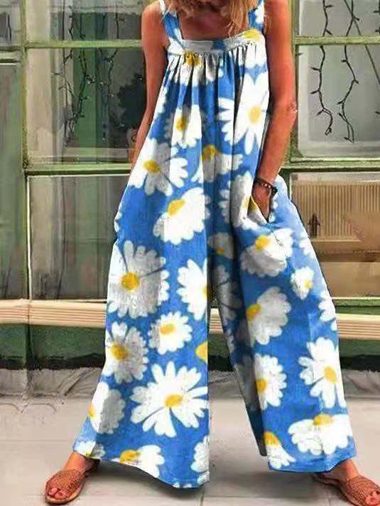 Vintage Print Loose Suspenders Wide-Leg Jumpsuit Ins Street