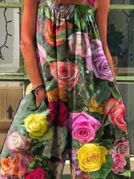 Vintage Print Loose Suspenders Wide-Leg Jumpsuit Ins Street