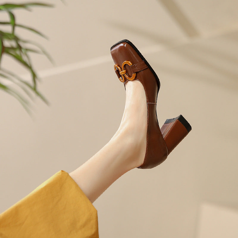 Faigy Square Toe Gold Chain Heels Brown NEW GEW