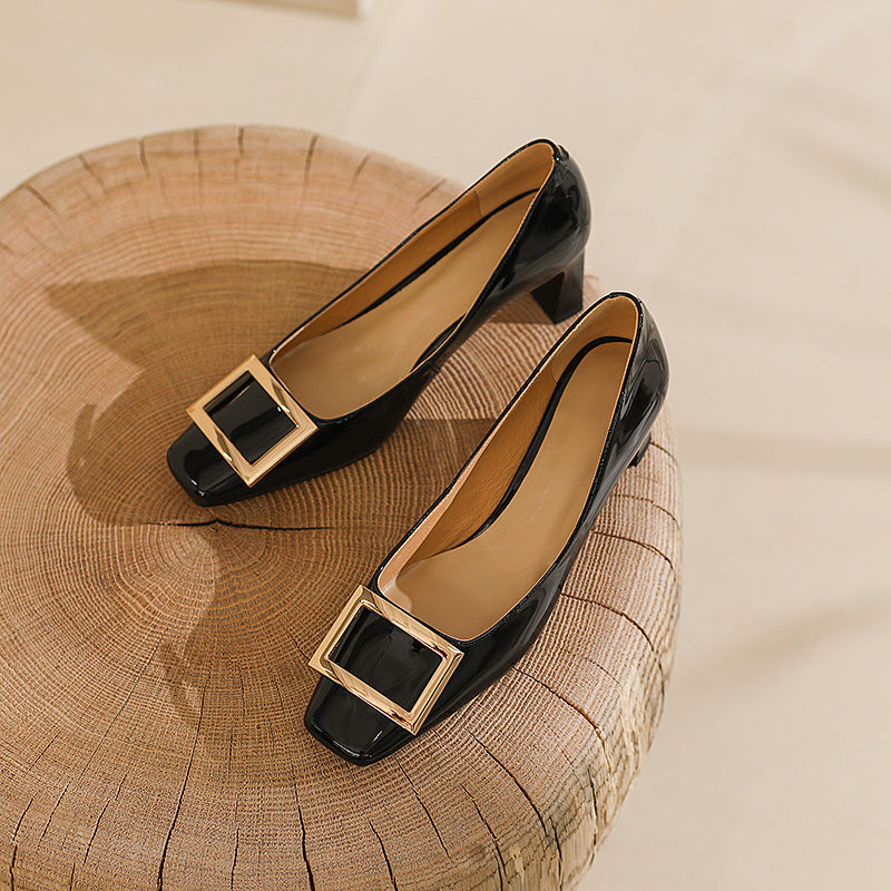 Hadley Patent Leather Square Toe Handmade Low Heels with Square Buckle