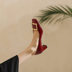 Hadley Patent Leather Square Toe Handmade Low Heels with Square Buckle
