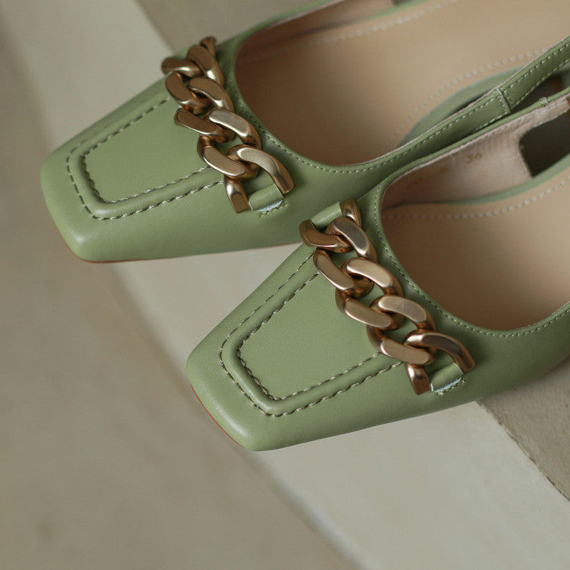 Iyana Square Toe Green Slingback Heels with Gold Chain newgew