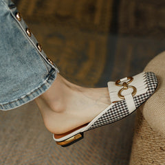 Elin Vintage Plaid Flache Pantoletten-Weiß