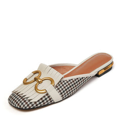 Elin Vintage Plaid Flache Pantoletten-Weiß