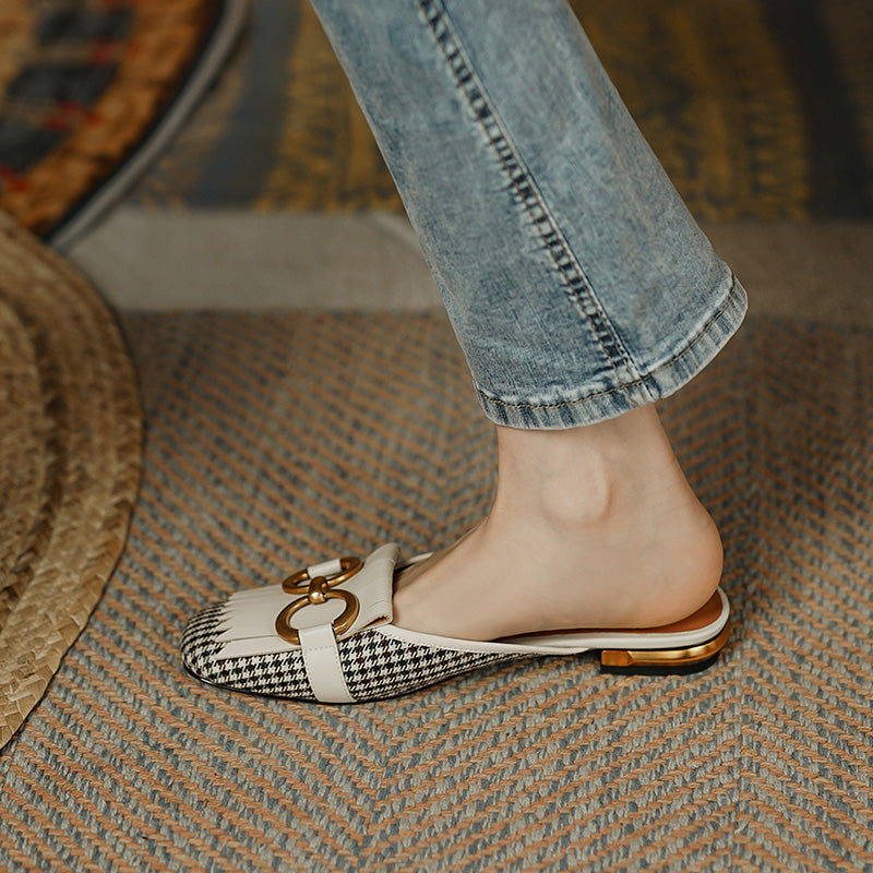 Elin Vintage Plaid Flache Pantoletten-Weiß