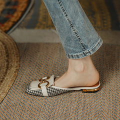 Elin Vintage Plaid Flache Pantoletten-Weiß