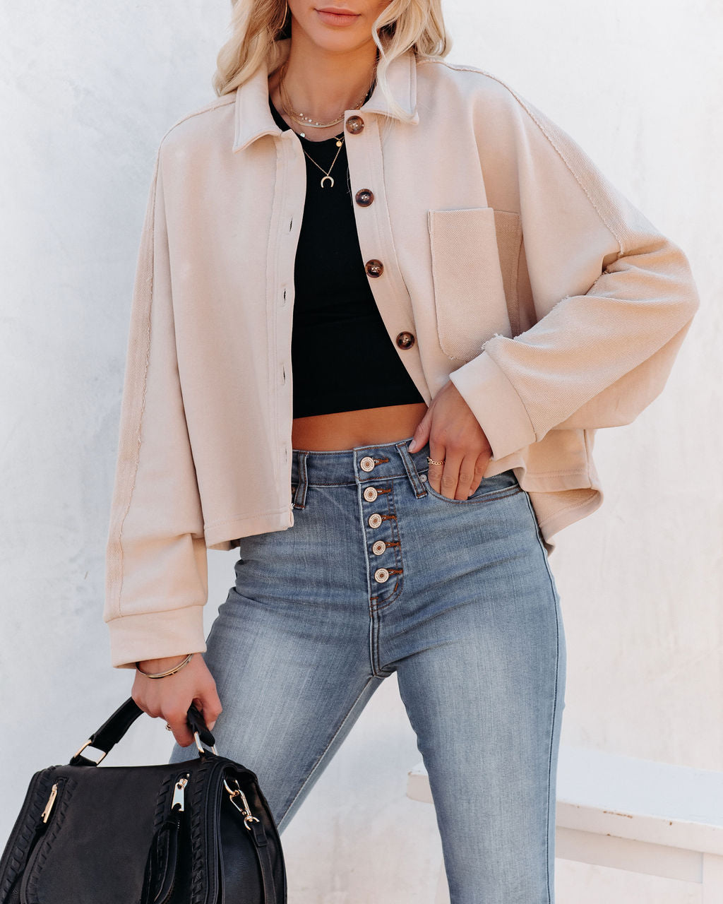 Younes Cotton Blend Crop Button Down Shacket - Champagne Ins Street